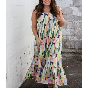 THML Collette Maxi Dress XL Abstract Print Tie Strap Smocked Back Cotton
